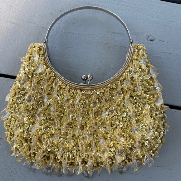 Elegant Gold Beaded & Sequin Evening Bag – Glamorous Ring Handle Purse - Picture 5 of 8